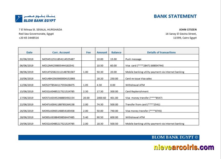 Egypt Blom Bank statement